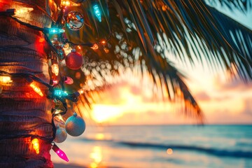 Close-up of a decorated palm tree with Christmas lights and baubles by the sea.