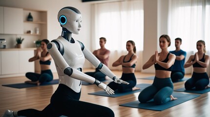 A humanoid robot demonstrates yoga poses while participants follow along in a spacious, well-lit studio. The atmosphere is calm, promoting relaxation and focus on wellness