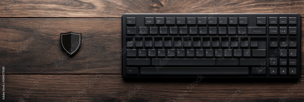 Poster a black keyboard placed next to a shield icon on a wooden surface illustrates cybersecurity concepts