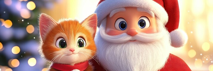 Fototapeta premium 3D animated cartoon santa with kitten