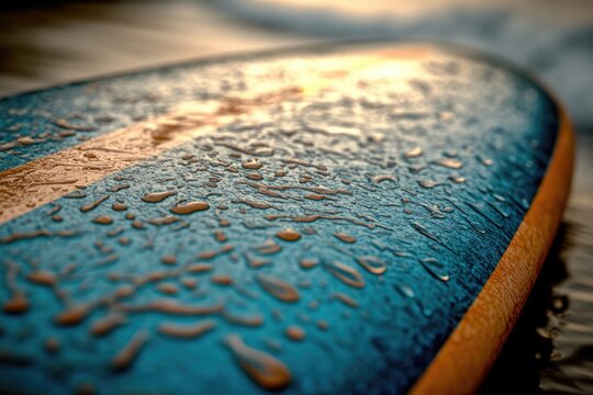 Close-up of a surfboard with water droplets, great for ocean or water sports related use