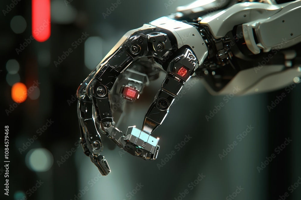 Poster close-up view of a high-tech robotic hand with intricate mechanisms and illuminated elements in a fu