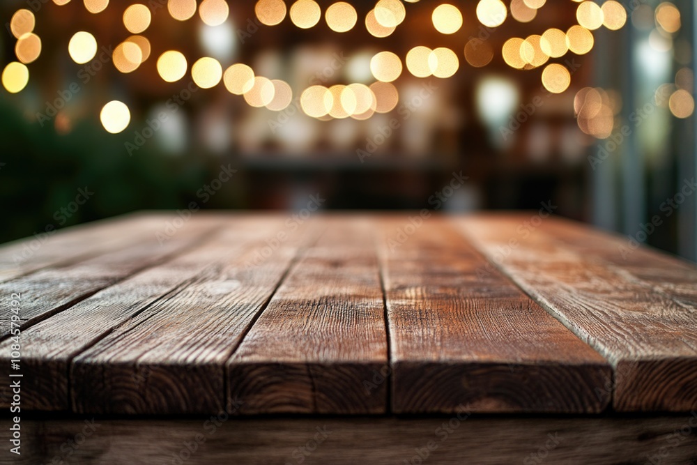 Poster a wooden table with soft lights in the background, ideal for use as a decorative piece or for adding