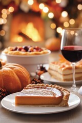 Delicious pumpkin pie slice on a plate with festive decorations and warm ambiance during autumn