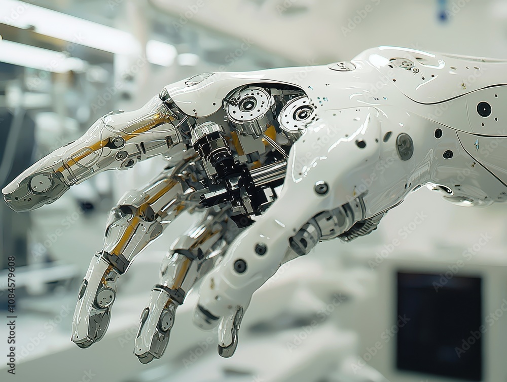 Poster futuristic robotic hand with intricate mechanical components in a high-tech environment showcasing t