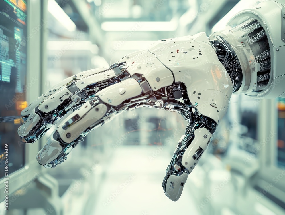 Poster futuristic robotic hand with intricate details representing advanced technology and automation in a 