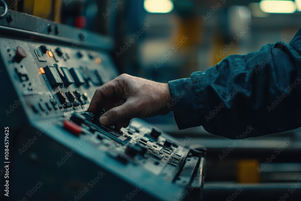 Poster close-up of an industrial worker operate control panel with buttons and levers in a factory setting,