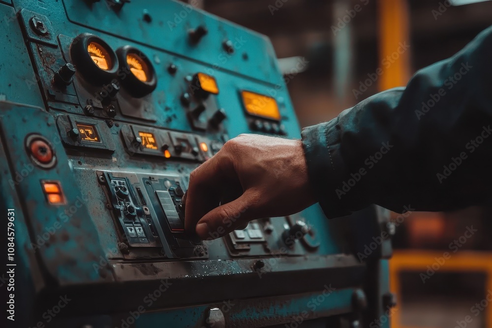 Poster close-up of a person's hand operating industrial control panel with dials and buttons in a dimly lit