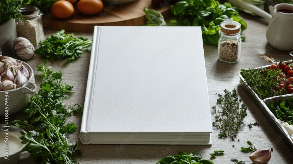 Poster a book placed on a wooden table with a simple background