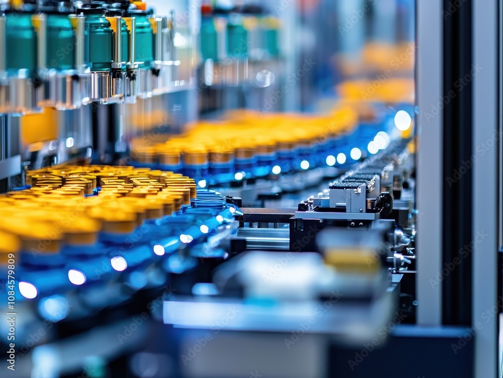 Aufkleber high-tech automated production line with yellow caps in a modern factory setting showcasing industri