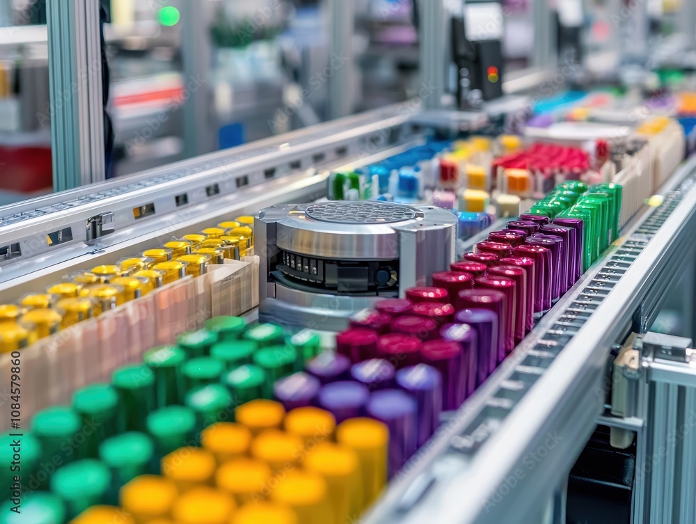 Poster colorful bottles on conveyor belt in modern factory setting with advanced robotics and efficient pro