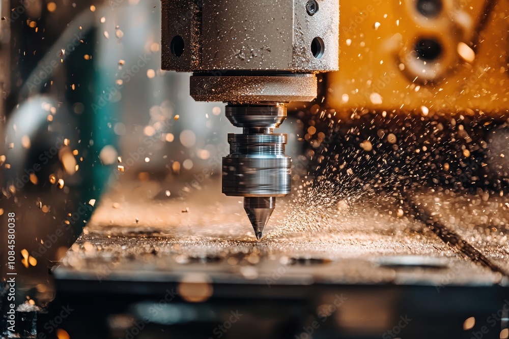 Poster close-up of cnc milling machine in action creating sparks and sawdust in a workshop with a focus on 