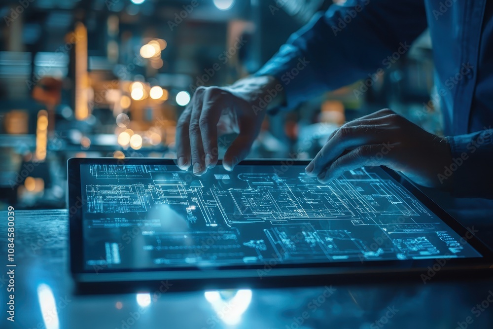 Poster hands of an engineer interacting with a high-tech tablet displaying digital blueprints and design sc