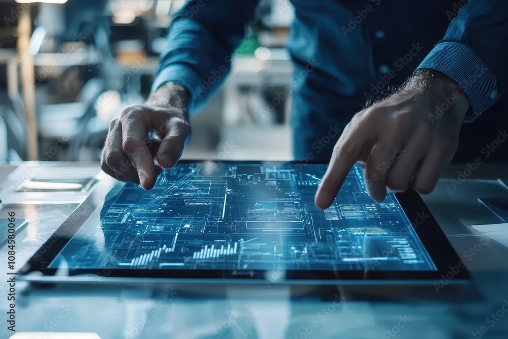 Poster close-up of a person interacting with a modern touchscreen device displaying interactive data and gr