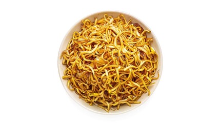 A white bowl filled with noodles placed on a table