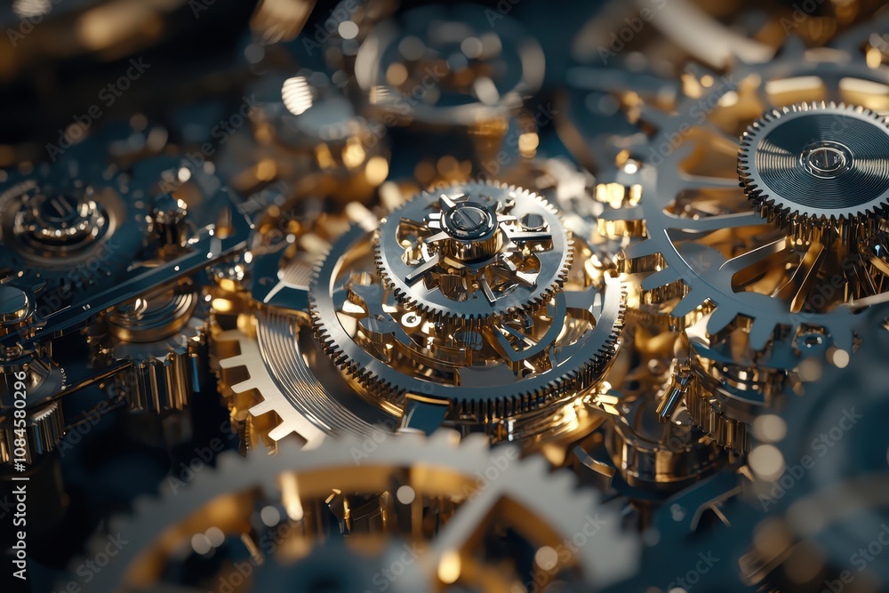 Poster intricate close-up of gleaming clock gears and cogs, showcasing mechanical precision and craftsmansh