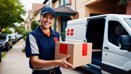 A cheerful delivery person is handing a cardboard box to a customer outside a suburban house, showcasing friendly service on a clear day. The bright surroundings enhance the uplifting atmosphere