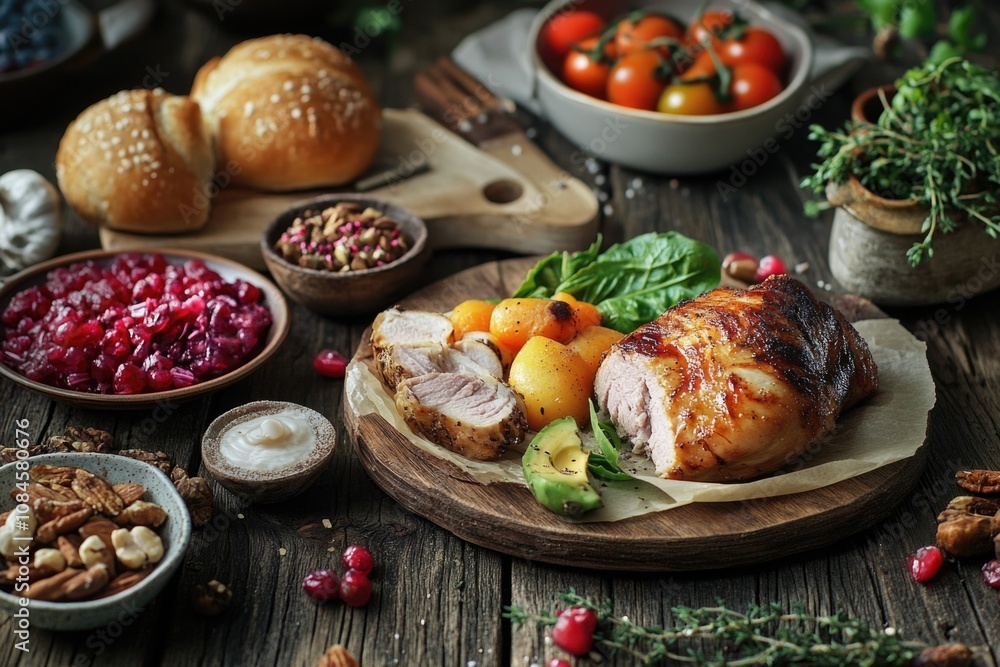 Poster a table filled with various types of food, ideal for use in editorial or commercial contexts