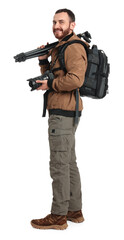 Fototapeta premium Photographer with backpack and camera on white background