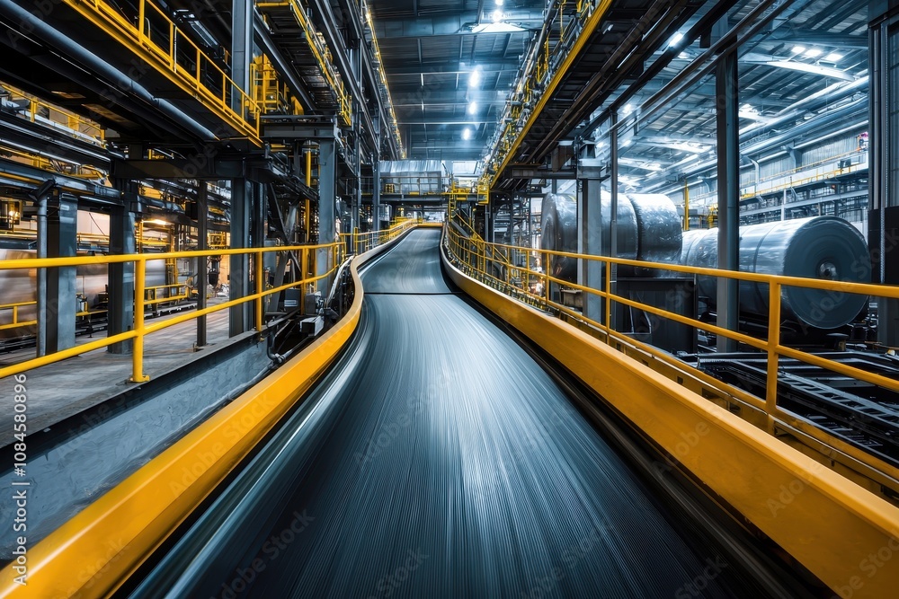Poster dynamic view of a modern industrial conveyor belt system in a high-tech manufacturing facility with 