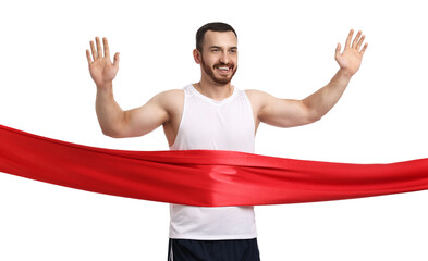 Handsome young man crossing red finish line on white background
