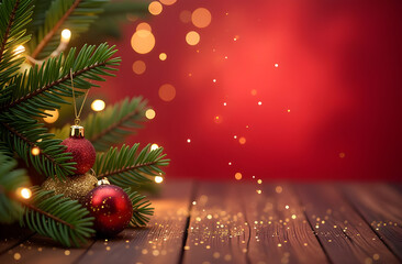 Christmas decorations border with fir branches and golden glitter confetti and sparkles of lights blur bokeh and red background