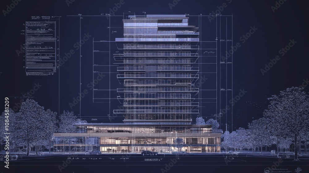 Poster modern architectural blueprint of a high-rise building with detailed elevation and structural layout