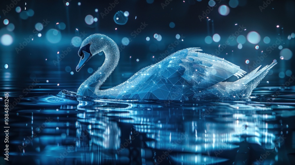 Poster a swan with a digital abstract design swims on a dark blue water surface with bokeh effect.
