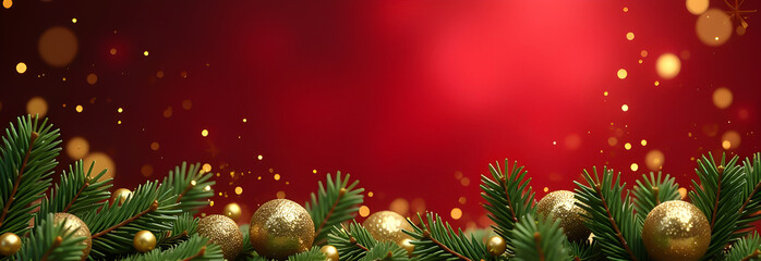 Christmas decorations border with fir branches and golden glitter confetti and sparkles of lights blur bokeh and red background