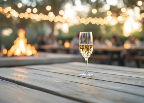 Warm evening gathering with drinks and a fire at sunset in an outdoor setting