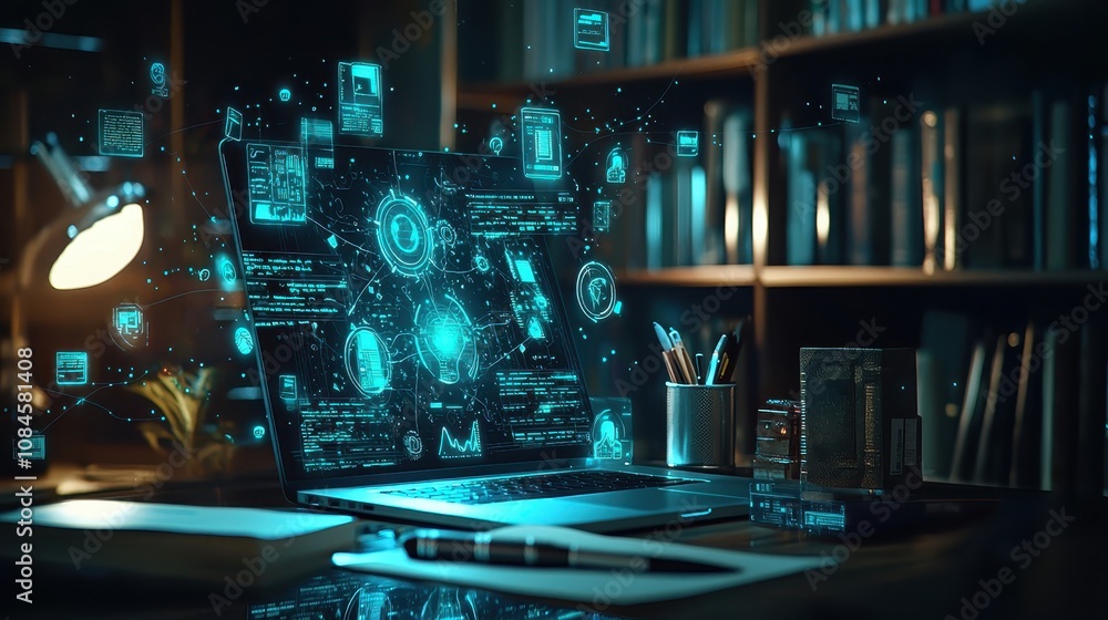Poster futuristic workspace with laptop surrounded by digital interfaces and data visualization in a cozy l