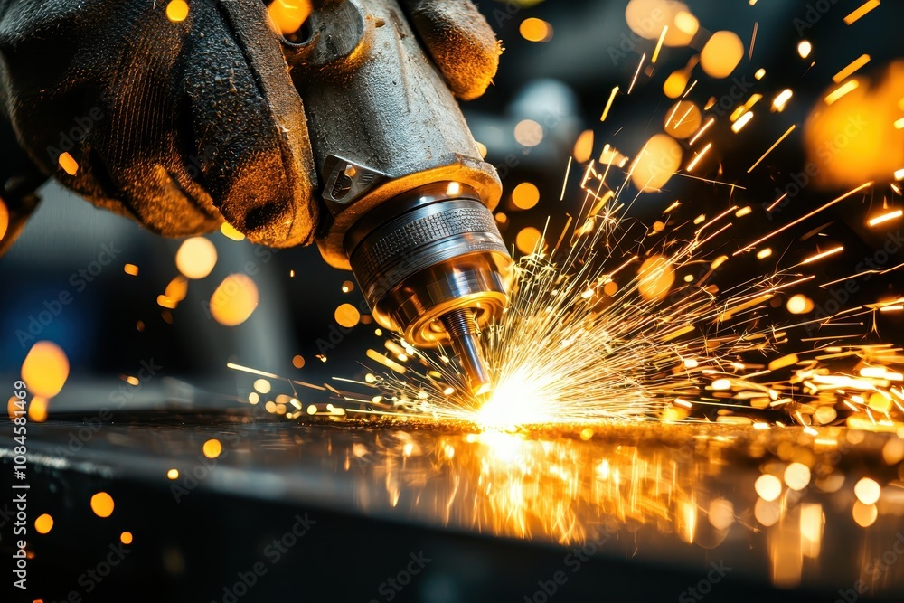Poster close-up of a metalworker using a drill to create sparks while shaping steel in a workshop, highligh