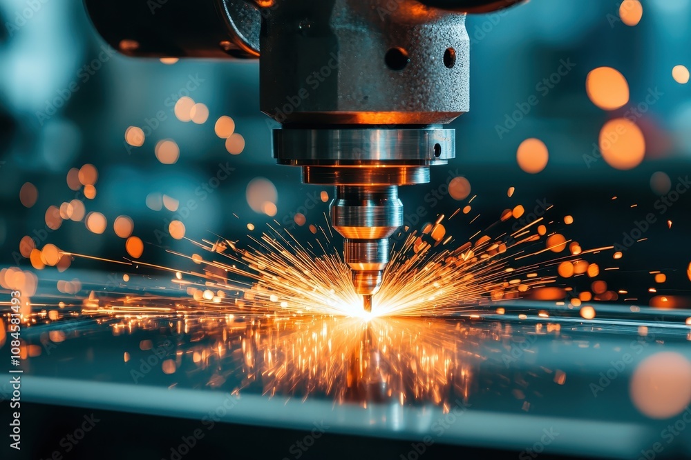 Poster precision metalworking process with a laser cutting machine generating sparks in a modern workshop s