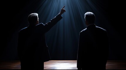 Two male figures in business suits, backlit, pointing towards a ray of light, conveying a sense of inspiration and vision.