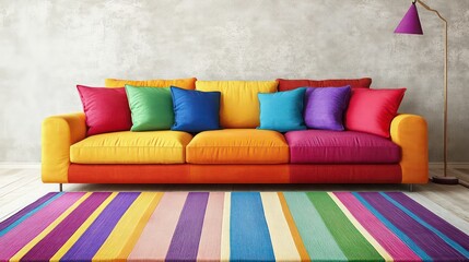 A colorful sofa with rainbow cushions and a striped rug in a modern living room.