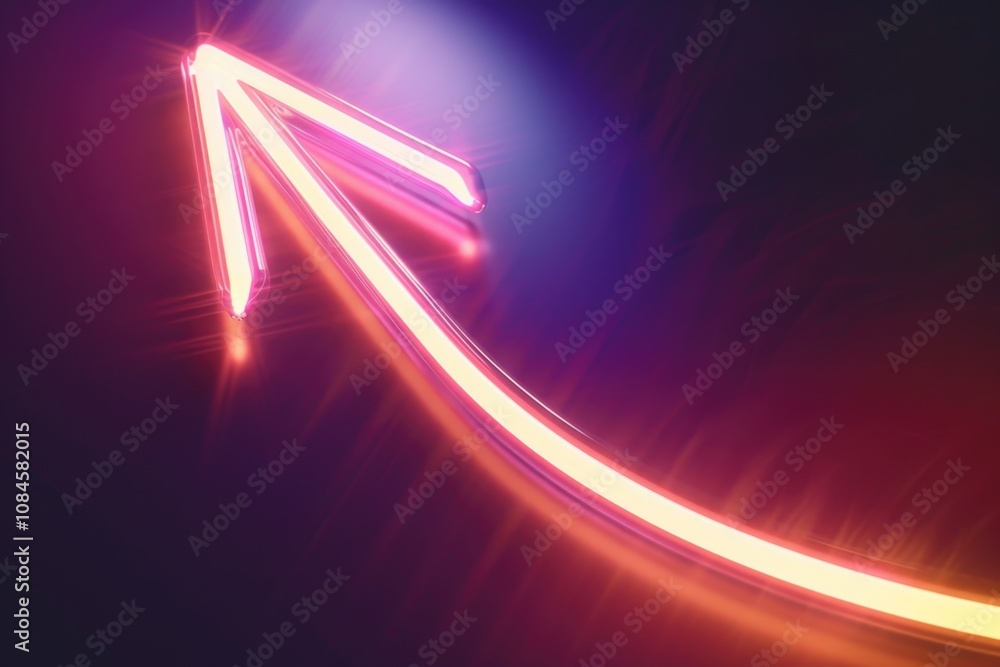Poster a bright neon arrow pointing upwards against a dark background, ideal for use in futuristic or techn