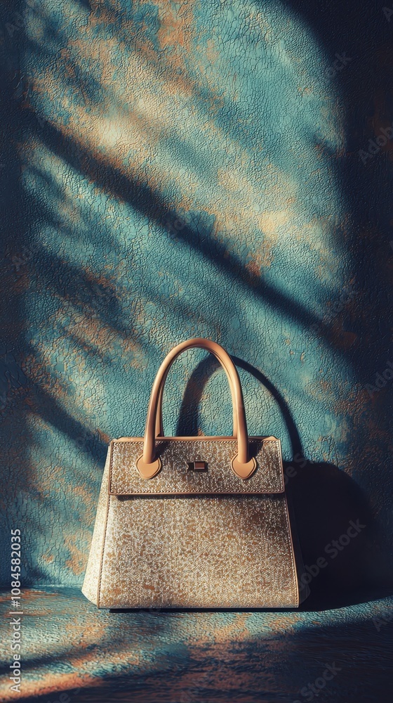 Poster elegant structured handbag on textured background with soft light and shadows, showcasing fashion ac