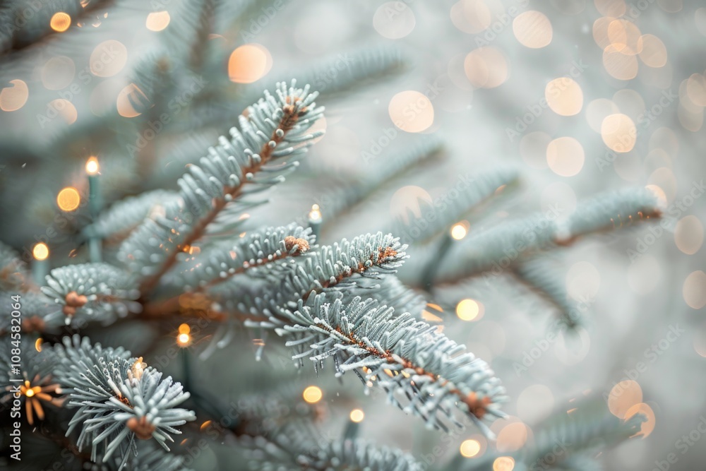 Poster close-up of a pine tree with string lights in the background, great for winter or holiday scenes