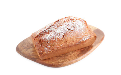 One tasty sponge cake with powdered sugar isolated on white