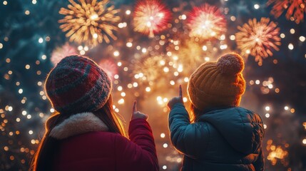 Naklejka premium Children enjoying a spectacular fireworks display during a winter celebration at night
