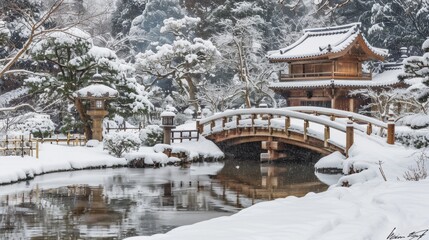 Obraz premium Tranquil Snowy Japanese Garden on New Year's Day for Serene Winter Inspiration