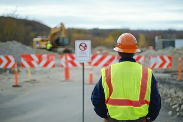 Construction Worker Overseeing Safety Signage and Heavy Machinery in Urban Infrastructure Project Amidst Gravel and Equipment on a Cloudy Day