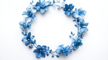 Obraz premium Elegant circular arrangement of blue flowers on a white background. Perfect for wedding invitations or spring decorations. #blueflowers #floralwreath #springdecor