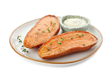 Halves of tasty cooked sweet potato with thyme and sauce isolated on white