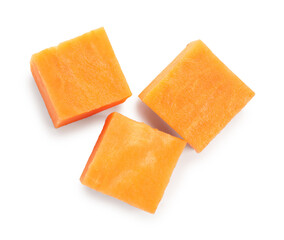 Pieces of raw sweet potato isolated on white, top view