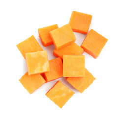 Pieces of raw sweet potato isolated on white, top view