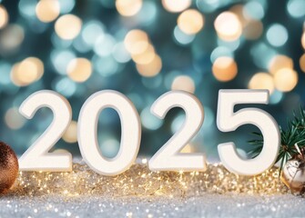 New year celebration with sparkling 2025 and festive lights in a joyful atmosphere