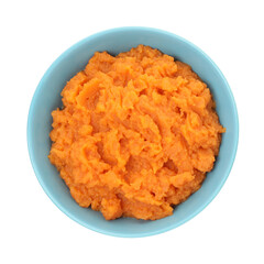 Tasty mashed sweet potato in bowl isolated on white, top view