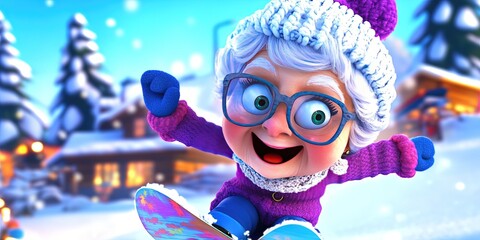 2d animated cartoon grandma snowboarding 