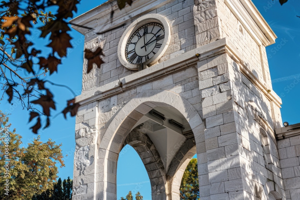 Poster A stone clock tower with a clock face, suitable for use in architectural or historical contexts